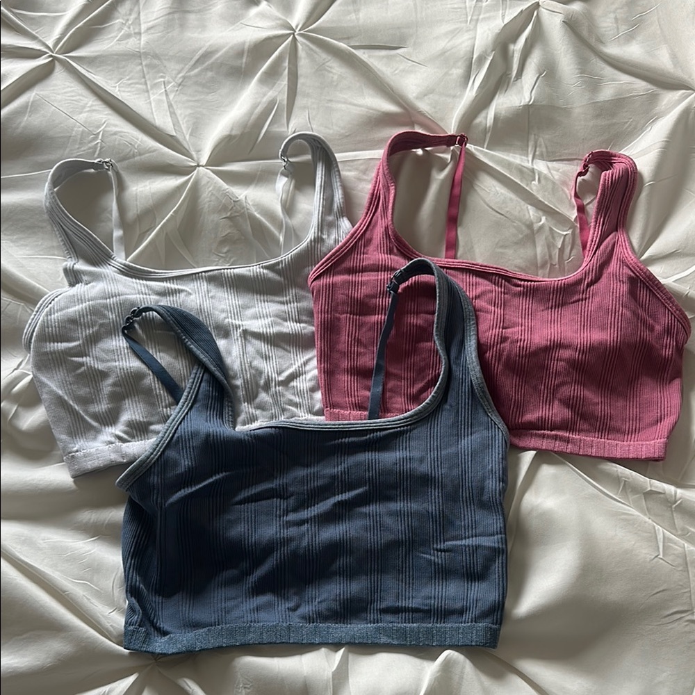 Aerie Long Line Sports Bras in White, Pink, and Blue